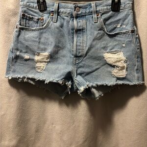 Light Blue Distressed Denim Shorts - Women's Casual Cutoffs